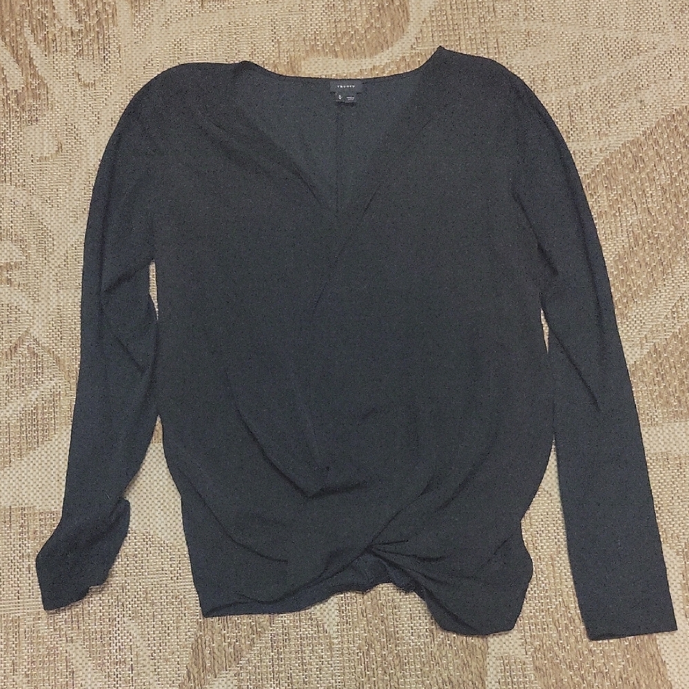 Theory Charcoal Long Sleeve  Wrap Style Silk Front Top